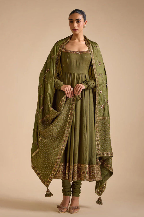 Olive Tussar Anarkali Set