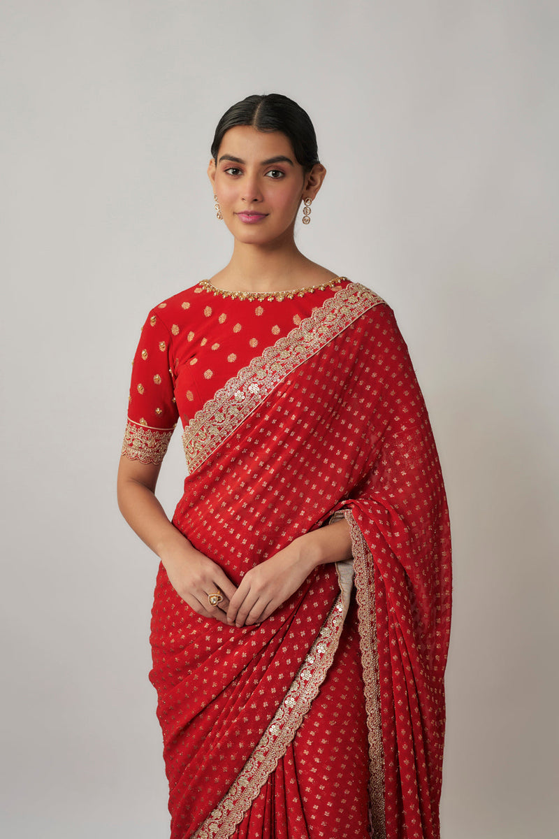 Sindhoori Red Georgette Benarasi Saree Set