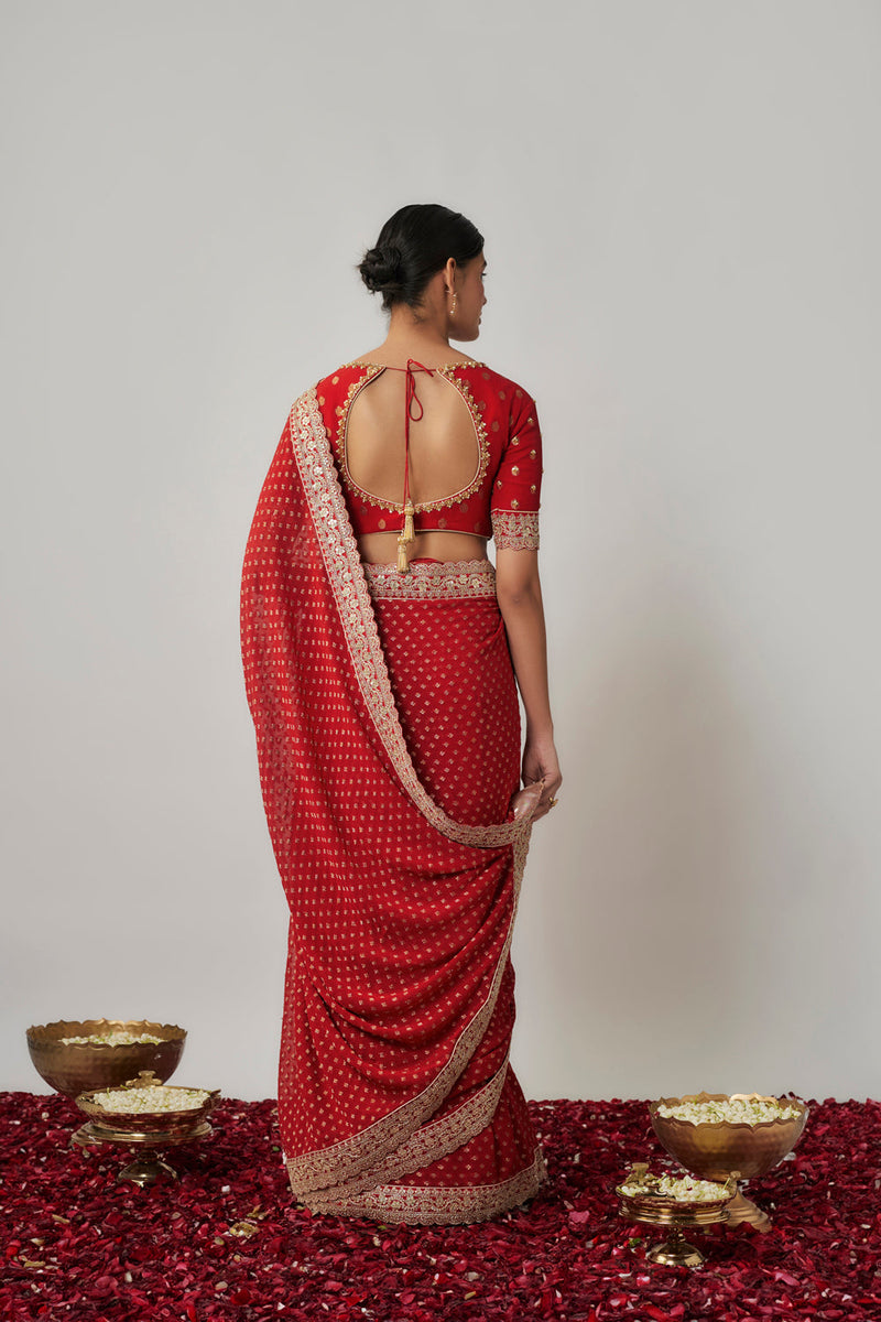 Sindhoori Red Georgette Benarasi Saree Set