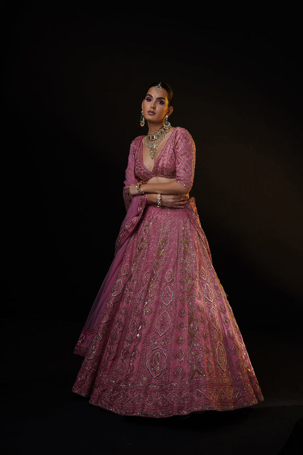 "Vania" Pink Tissue Lehenga Set With Dupatta