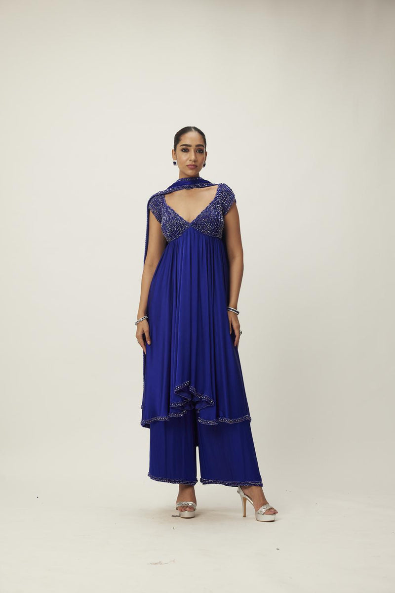 Cocktail Blue Crystal Beaded Kurta Set