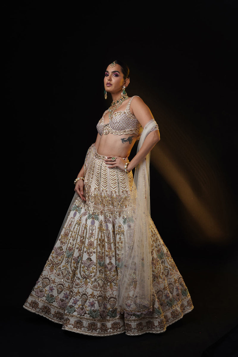 "Anika" Ivory Lehenga Set With Pastel 3D Embroidery.