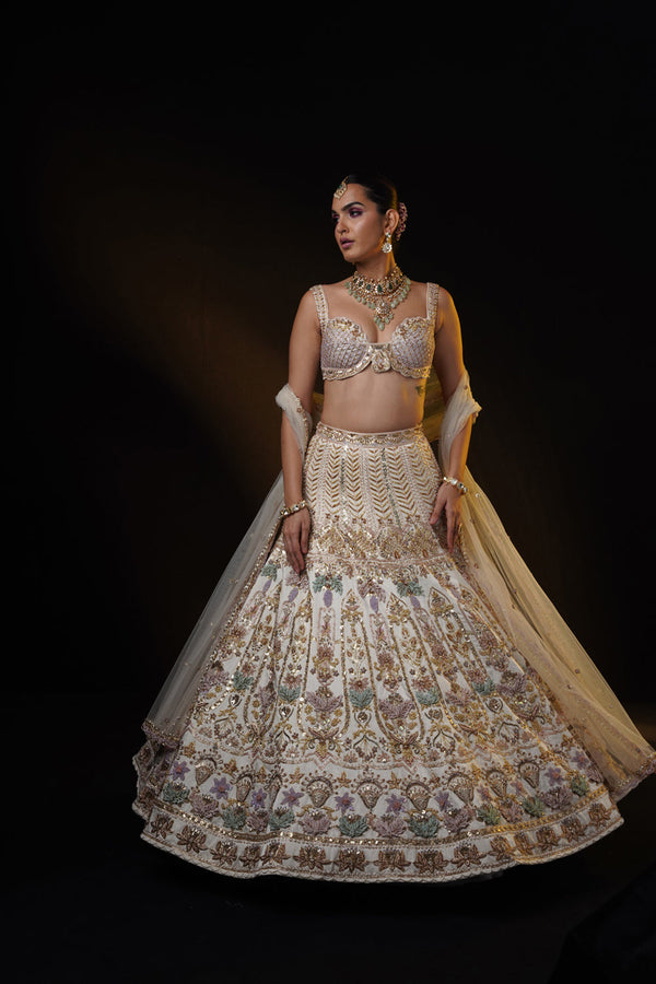 "Anika" Ivory Lehenga Set With Pastel 3D Embroidery.