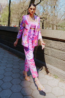 Living Coral- Lilac And Hot Pink Sequin Printed Pant Suit Set