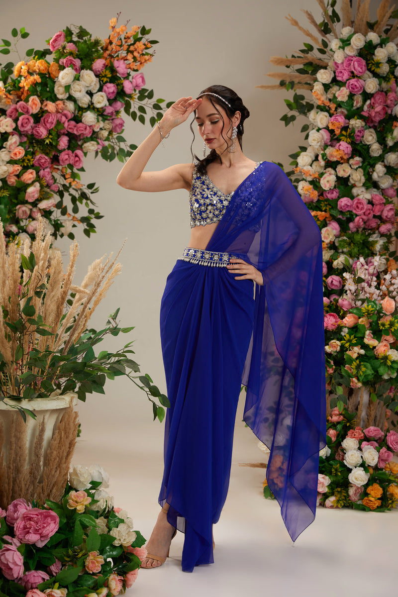 Cobalt Blue Color- Dupion Blouse, Belt And Georgette Saree