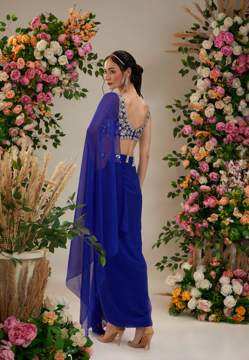 Cobalt Blue Color- Dupion Blouse, Belt And Georgette Saree