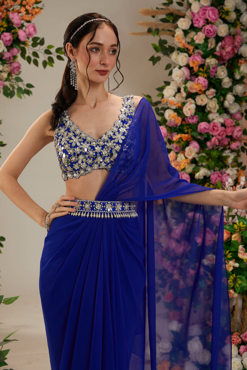 Cobalt Blue Color- Dupion Blouse, Belt And Georgette Saree