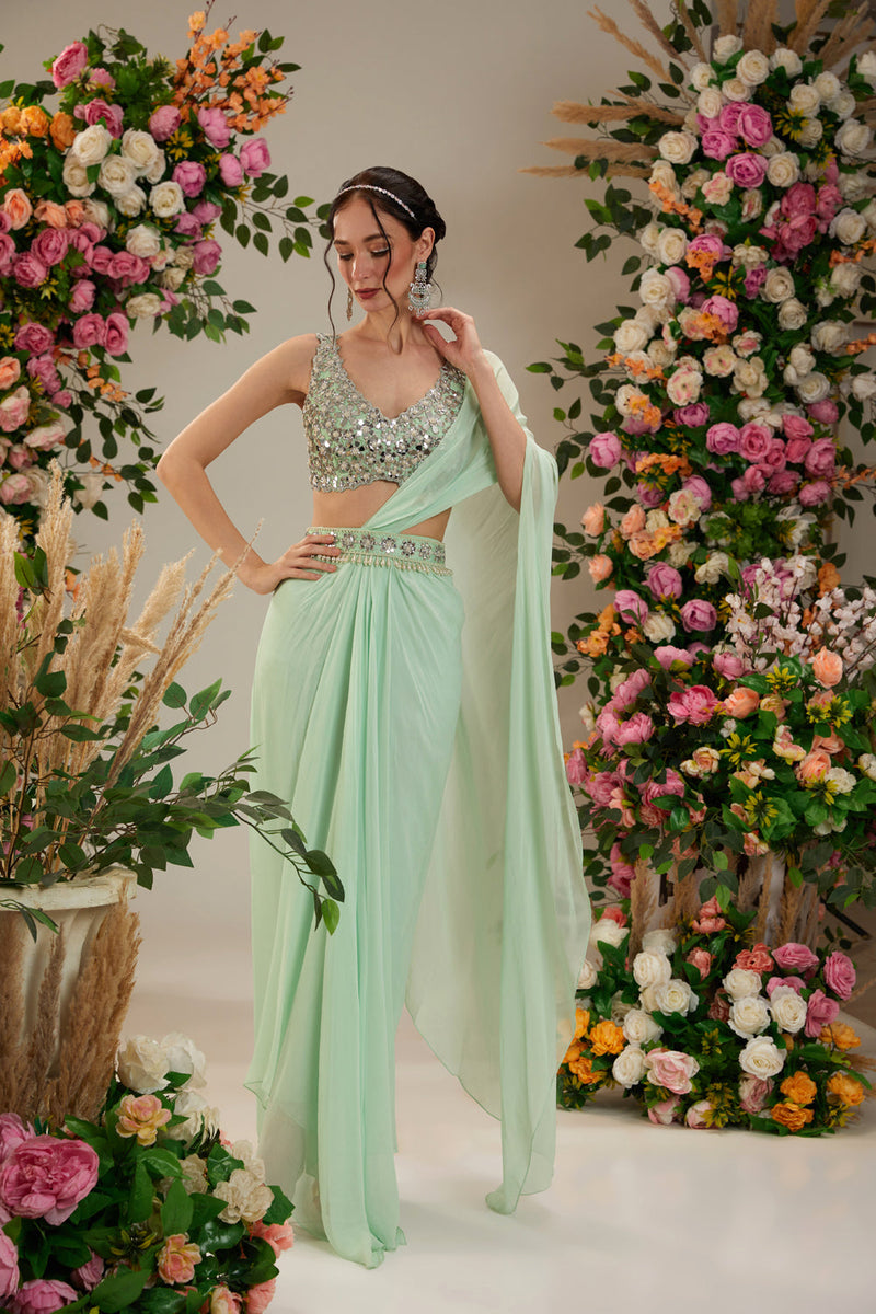 Pista Green Color- Dupion Blouse, Belt And Georgette Saree