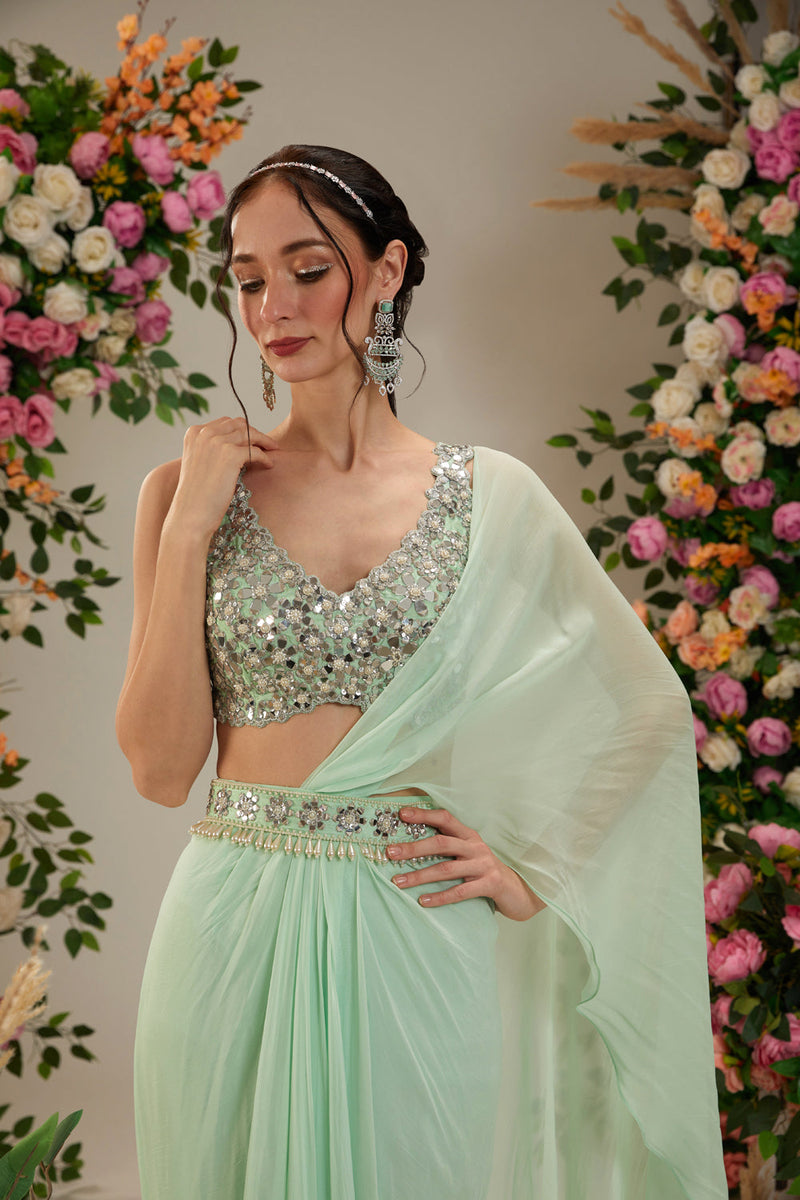 Pista Green Color- Dupion Blouse, Belt And Georgette Saree