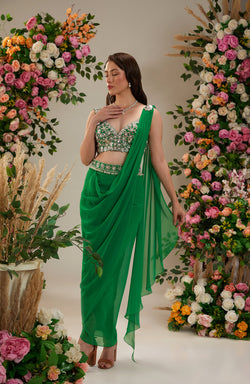 Dark Mint Color- Dupion Blouse, Belt And Georgette Saree