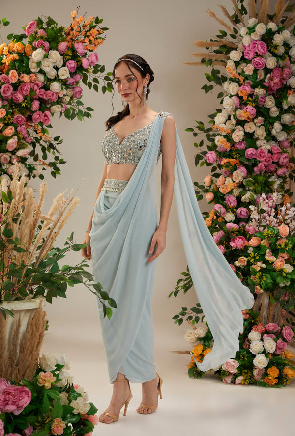 Ice Blue Color- Dupion Blouse, Belt And Georgette Saree