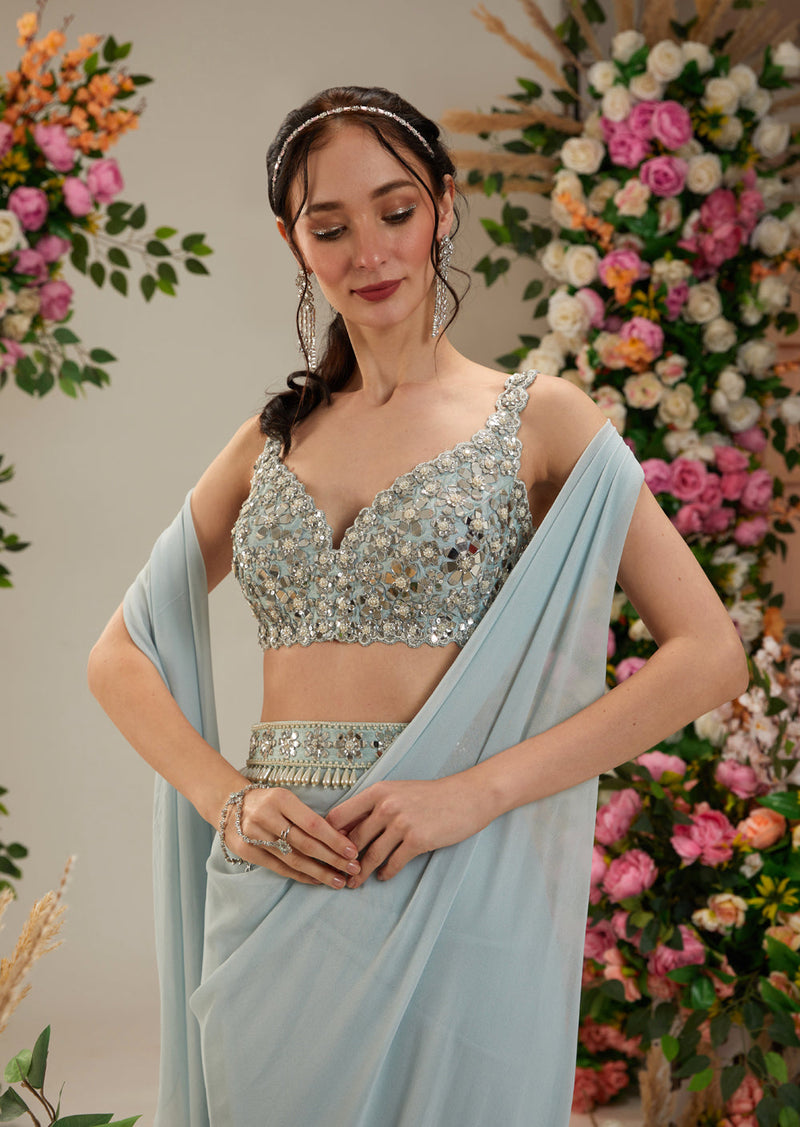 Ice Blue Color- Dupion Blouse, Belt And Georgette Saree