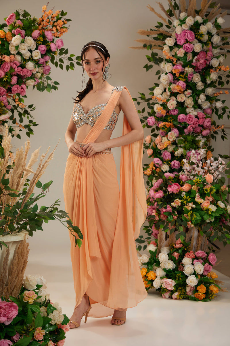 Light Peach Color- Dupion Blouse, Belt And Georgette Saree