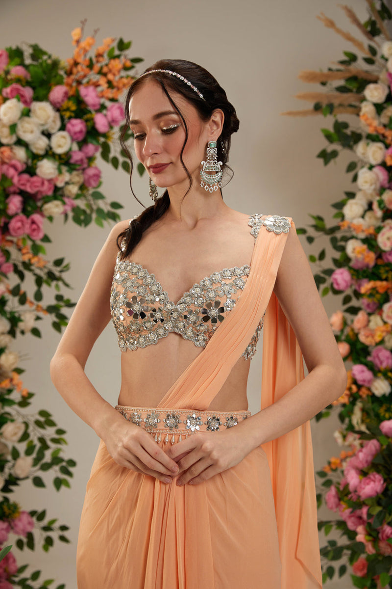 Light Peach Color- Dupion Blouse, Belt And Georgette Saree