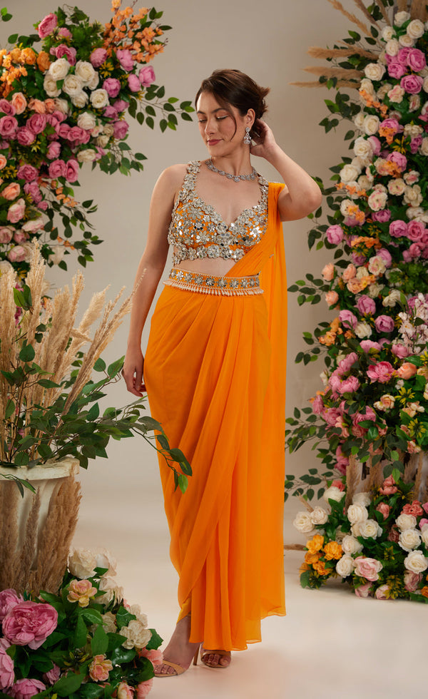 Floral Orange Color- Dupion Blouse, Belt And Georgette Saree