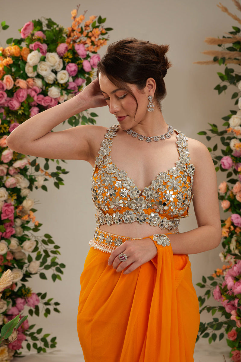 Floral Orange Color- Dupion Blouse, Belt And Georgette Saree