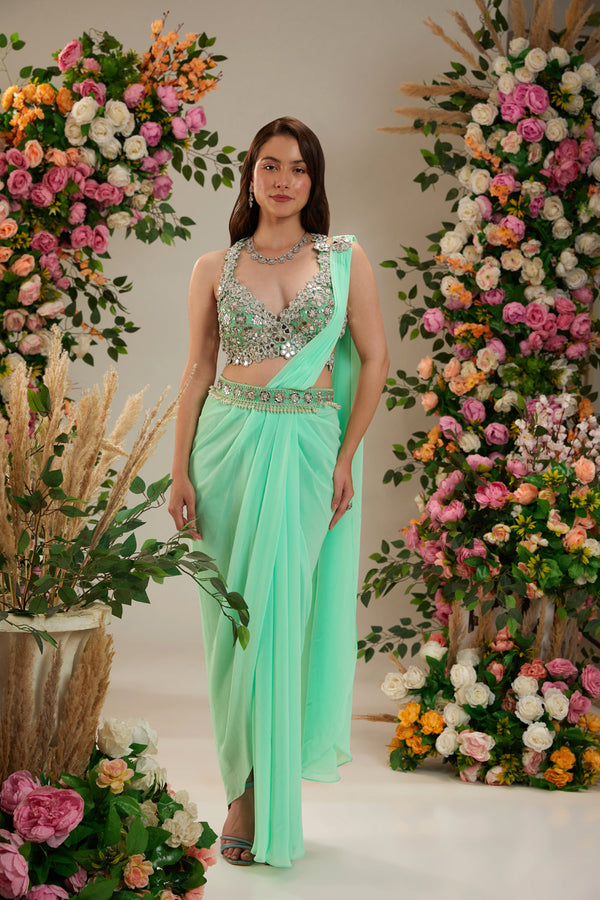 Aquamarine Green Color- Dupion Blouse, Belt And Georgette Saree