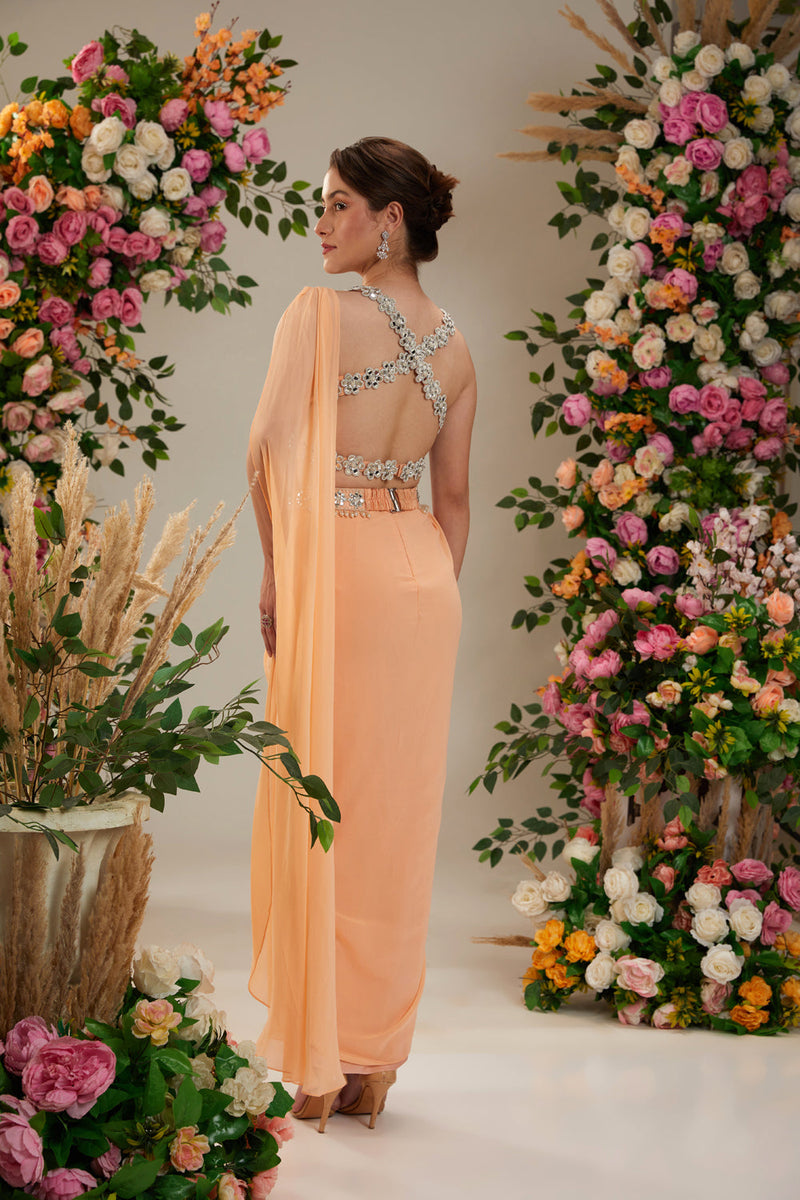 Peach Color- Dupion Blouse, Belt And Georgette Saree