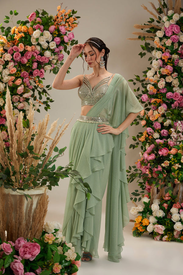 Green Color- Dupion Blouse, Belt And Shimmer Georgette Saree