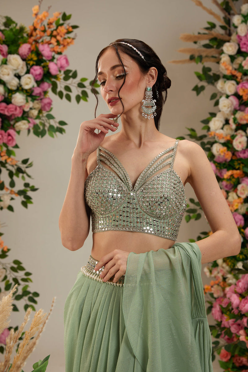 Green Color- Dupion Blouse, Belt And Shimmer Georgette Saree