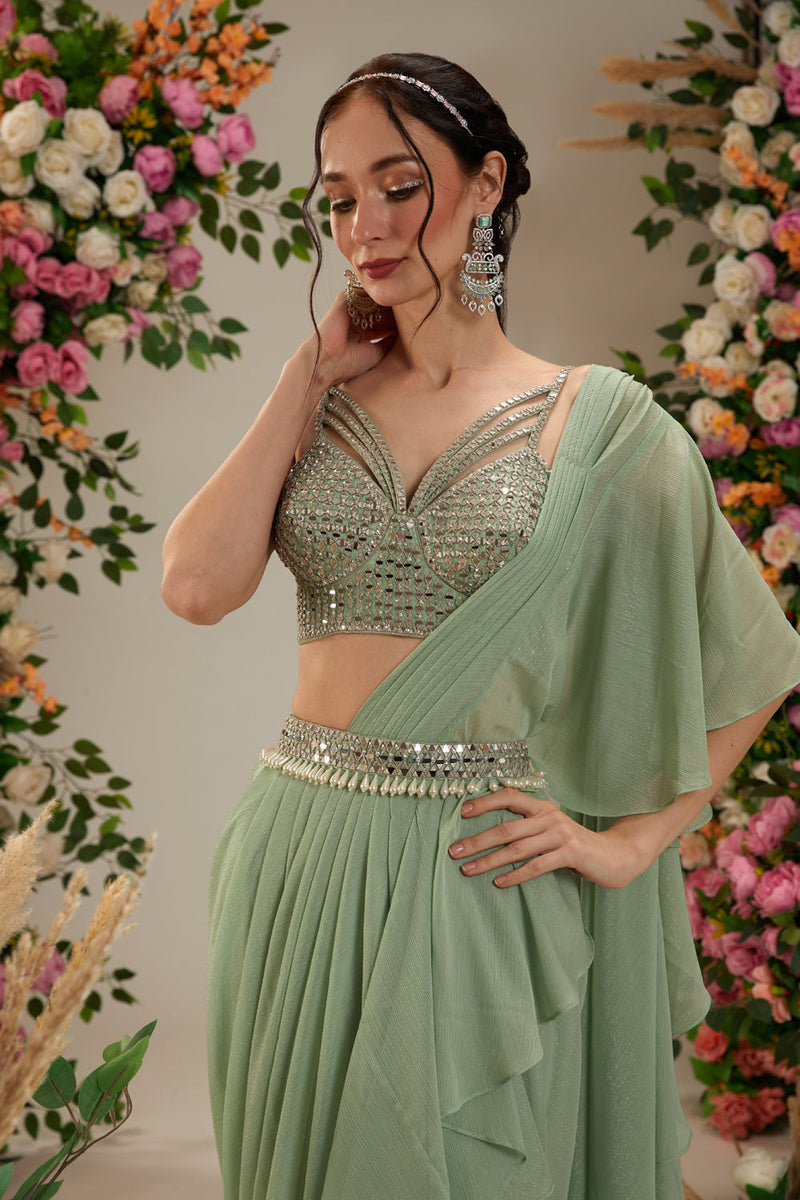 Green Color- Dupion Blouse, Belt And Shimmer Georgette Saree