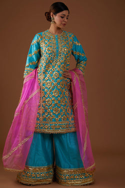 Teal Serenade Line Kurta-Farsha & Dupatta