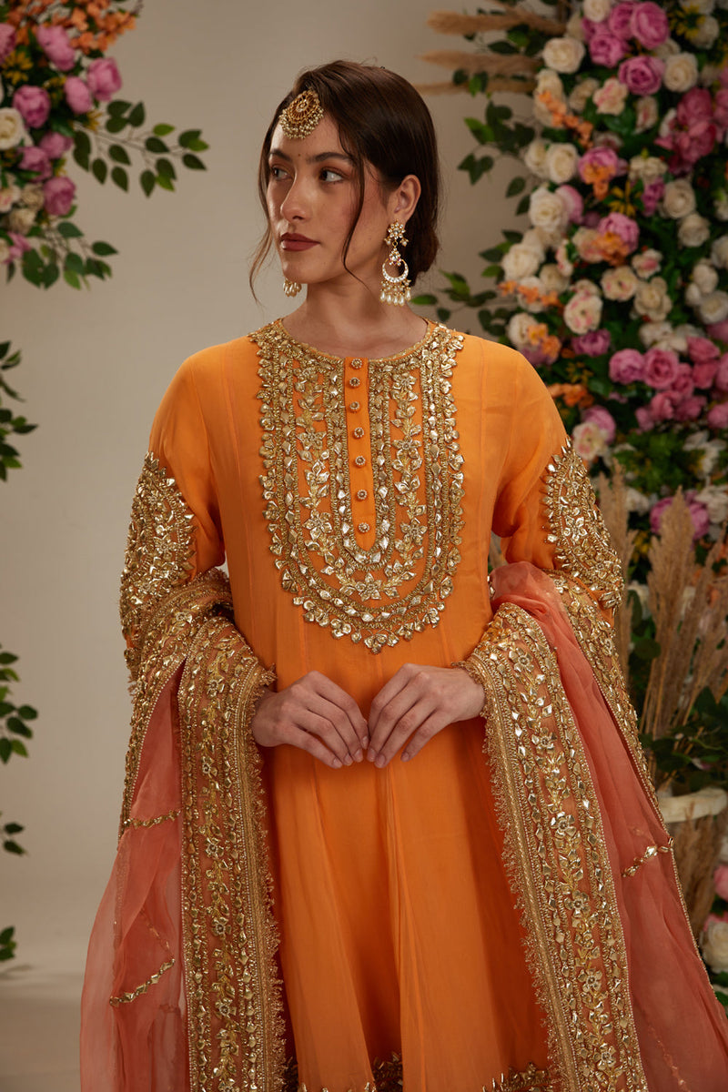 Peach  Orange Long Anarkali With Matching Salwar With Organza Dupatta