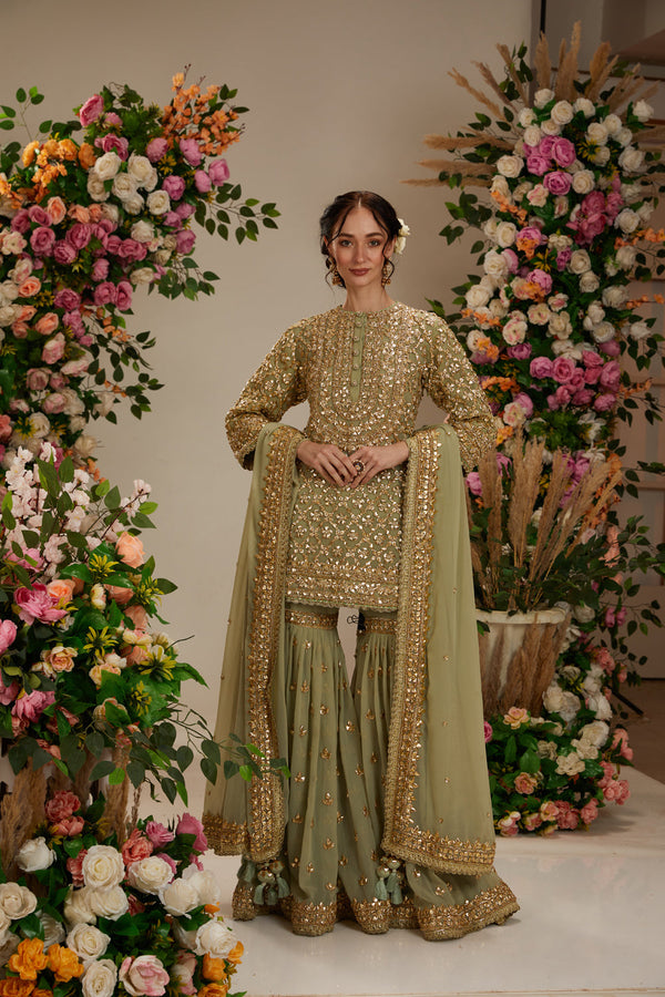 Aqua Green Kurta With Garara And Dupatta