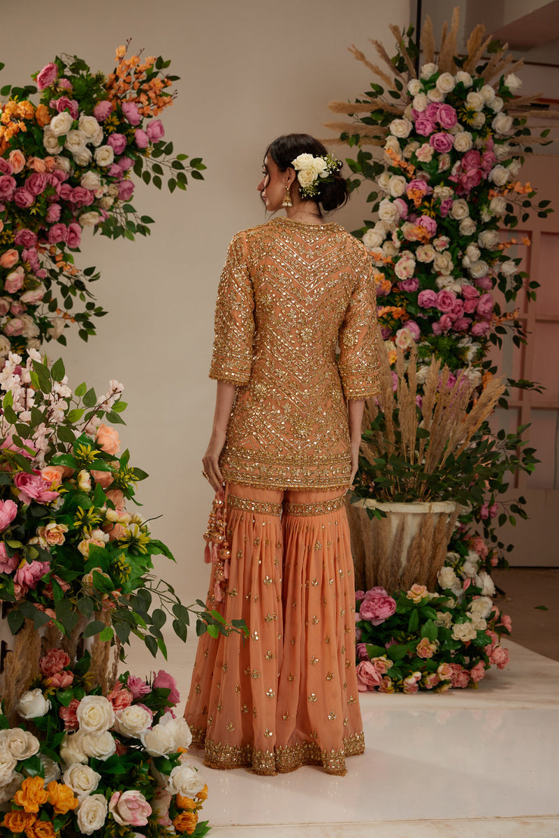 Soft Peach Short Kurta With Garara And Organza Dupatta