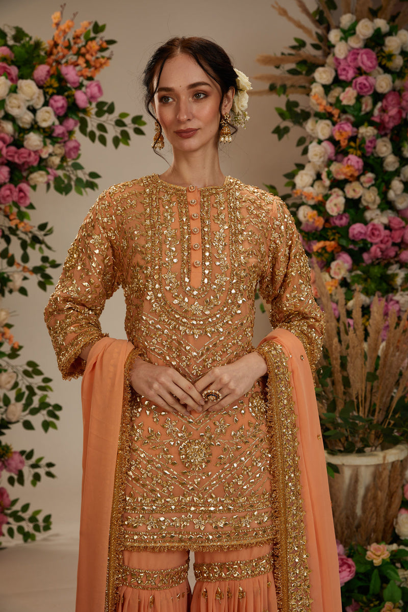 Soft Peach Short Kurta With Garara And Organza Dupatta