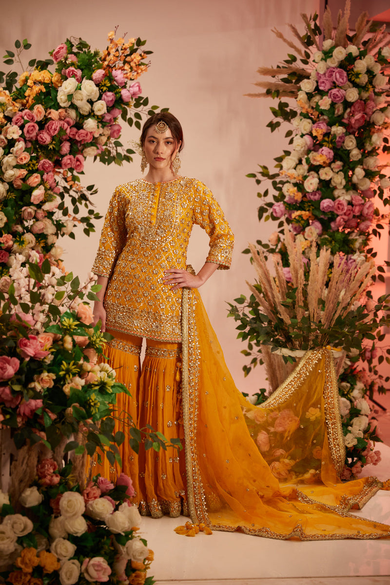 Yellow Kurta With Garara And Georgette Dupatta