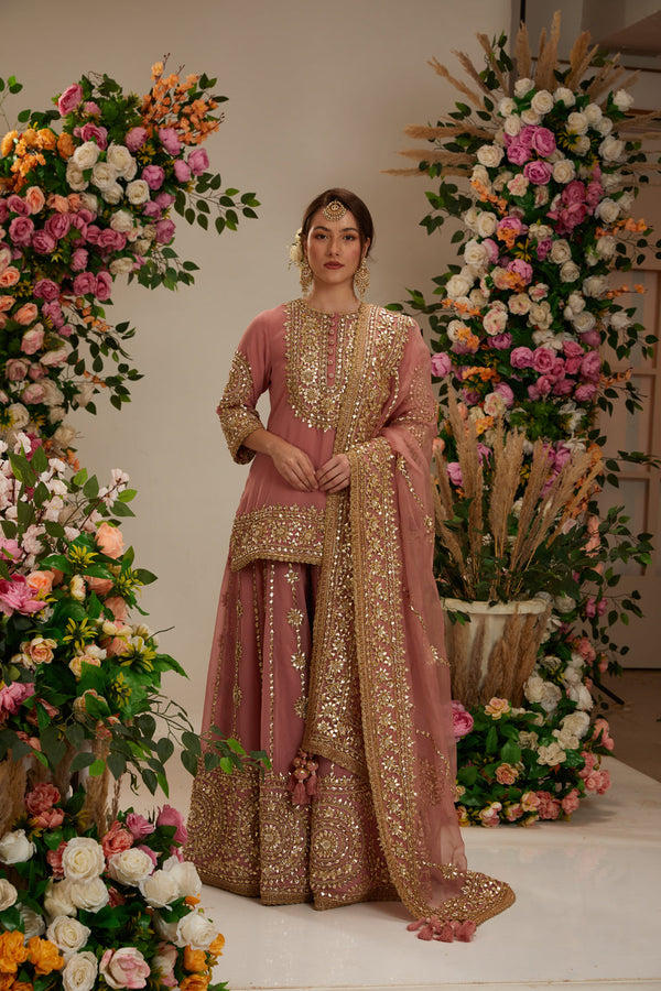 Mauve Kurta With Sharara And Organza Dupatta