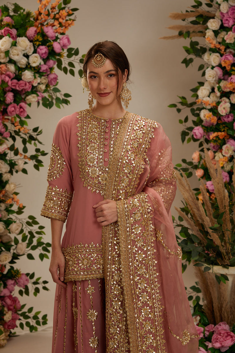 Mauve Kurta With Sharara And Organza Dupatta