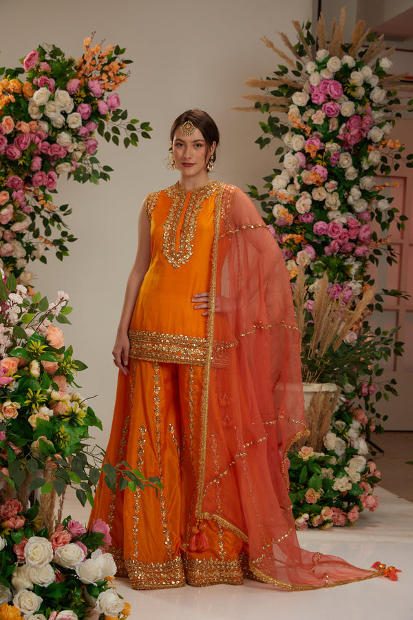 Orange Short Kurti With Sharara And Dupatta