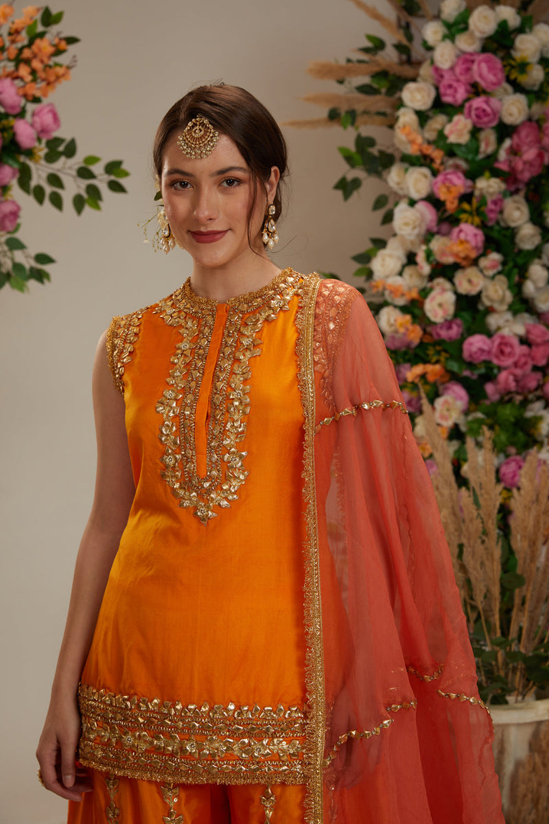 Orange Short Kurti With Sharara And Dupatta