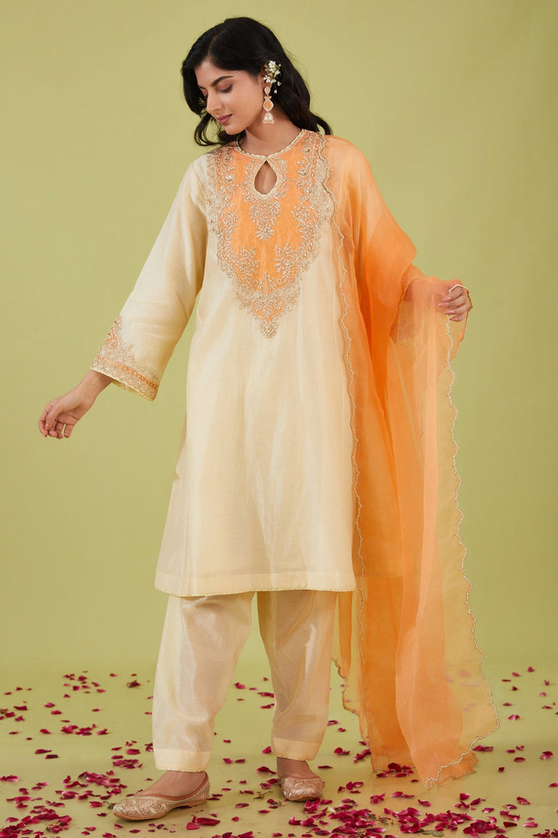 White Short Kalidar Kurta With Salwar And Peach Dupatta