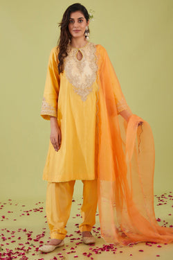 Yellow Short Kalidar Kurta With Salwar And Peach Dupatta