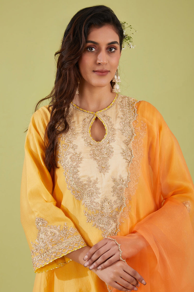 Yellow Short Kalidar Kurta With Salwar And Peach Dupatta