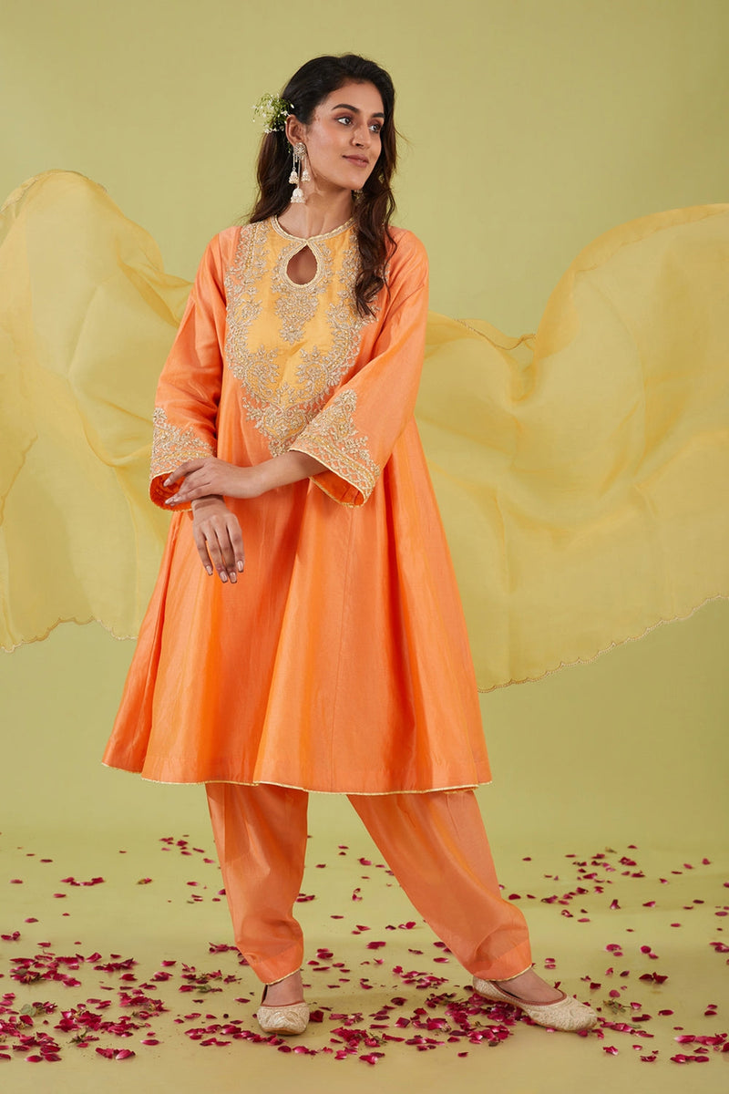 Peach Short Kalidar Kurta With Salwar And Yellow Dupatta