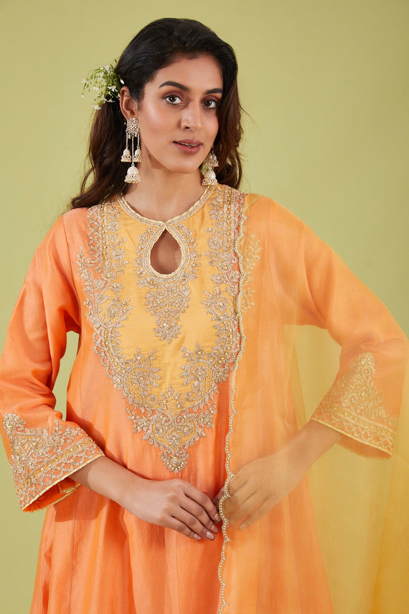 Peach Short Kalidar Kurta With Salwar And Yellow Dupatta