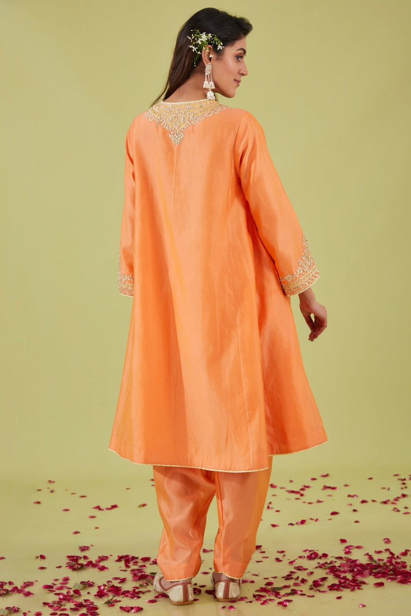 Peach Short Kalidar Kurta With Salwar And Yellow Dupatta