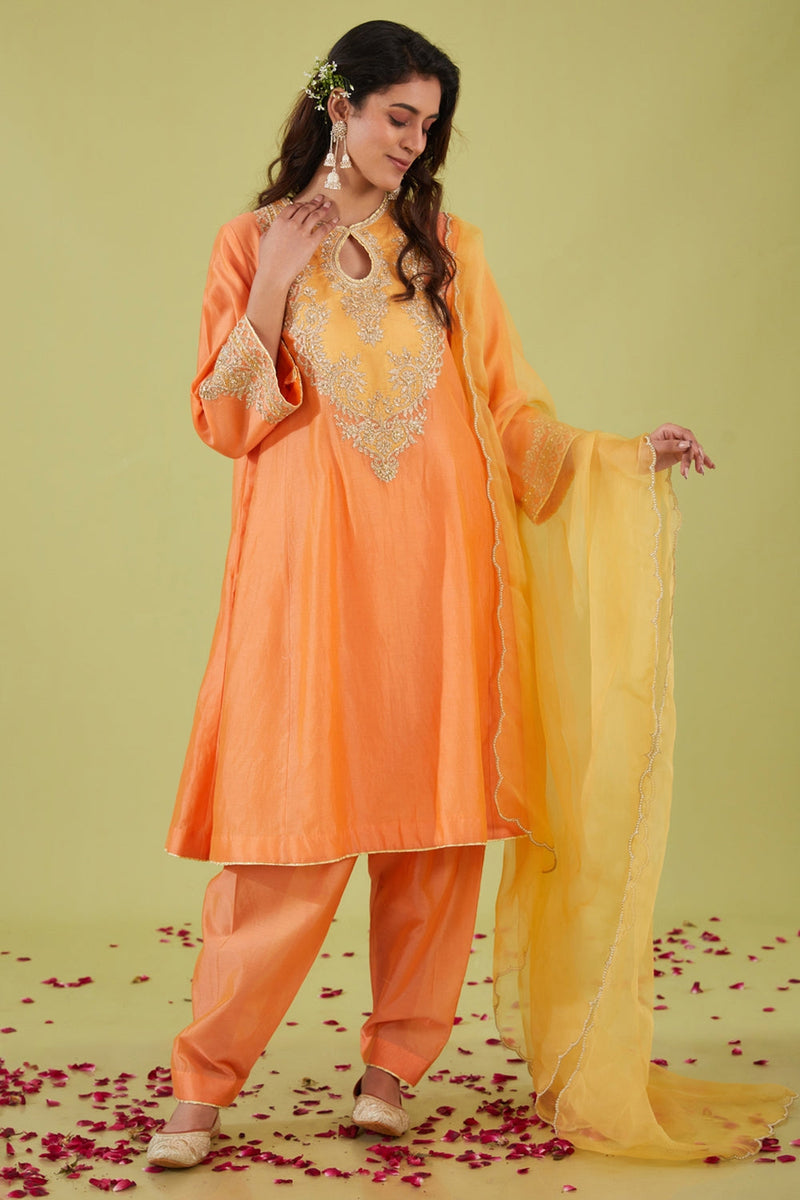 Peach Short Kalidar Kurta With Salwar And Yellow Dupatta