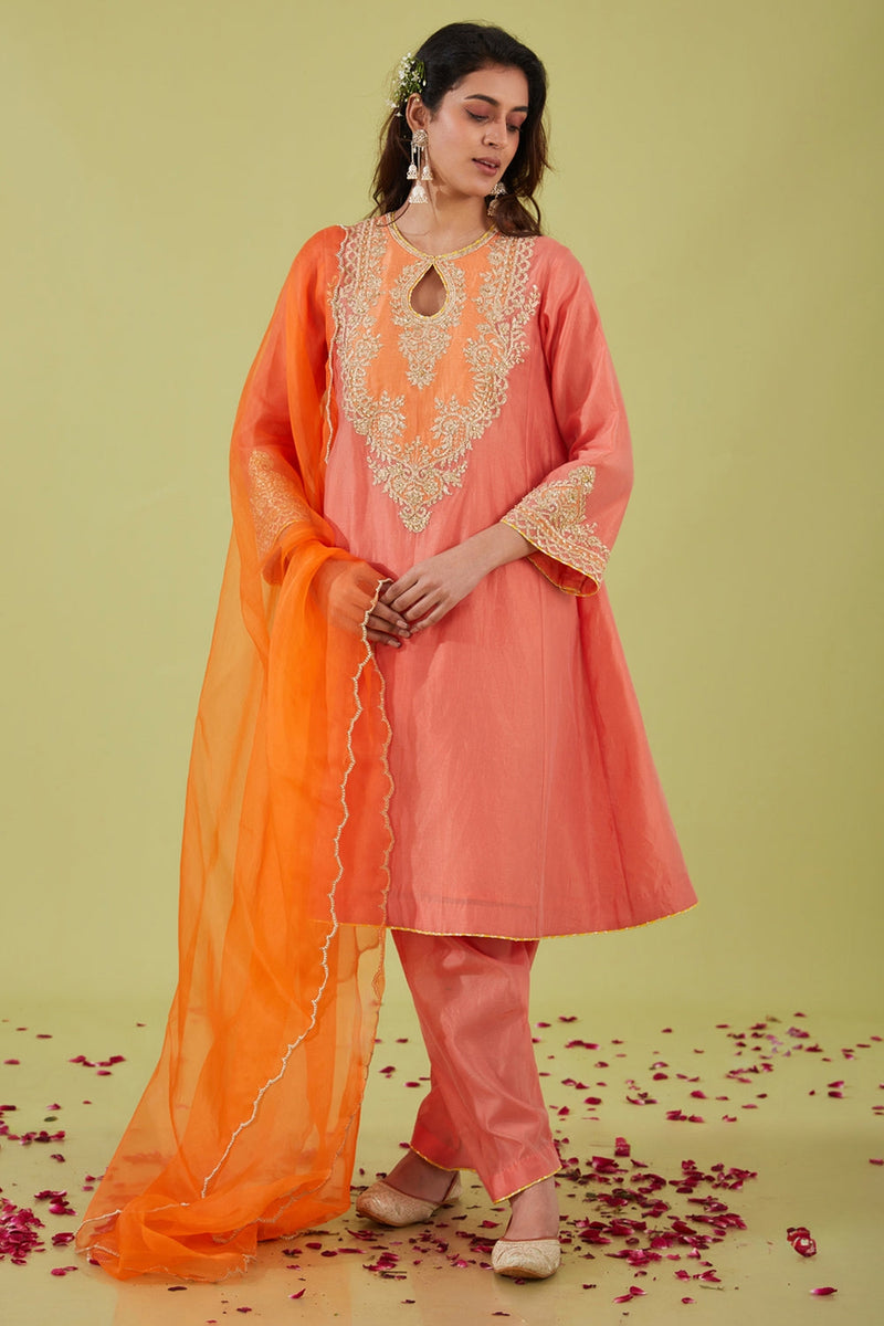 Rust Pink Short Kalidar Kurta With Salwar And Orange Dupatta