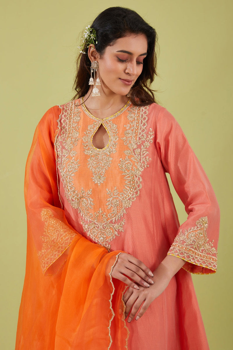 Rust Pink Short Kalidar Kurta With Salwar And Orange Dupatta