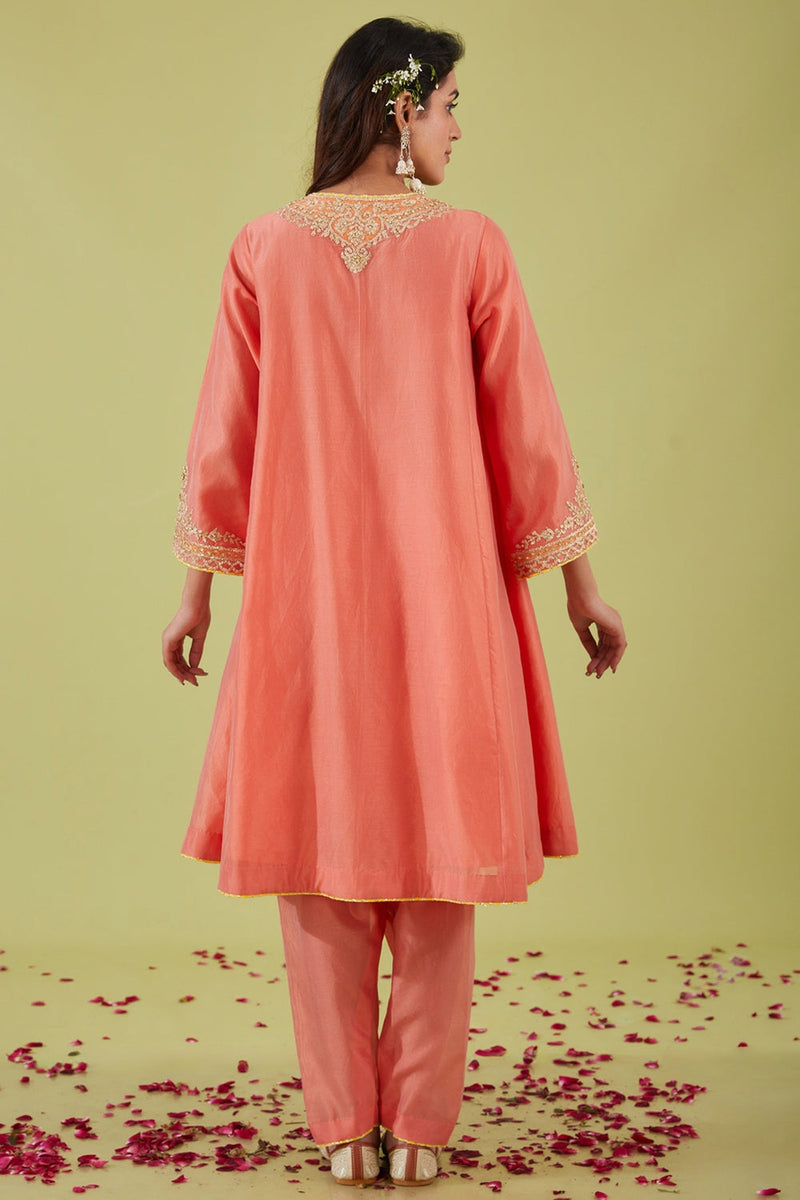 Rust Pink Short Kalidar Kurta With Salwar And Orange Dupatta