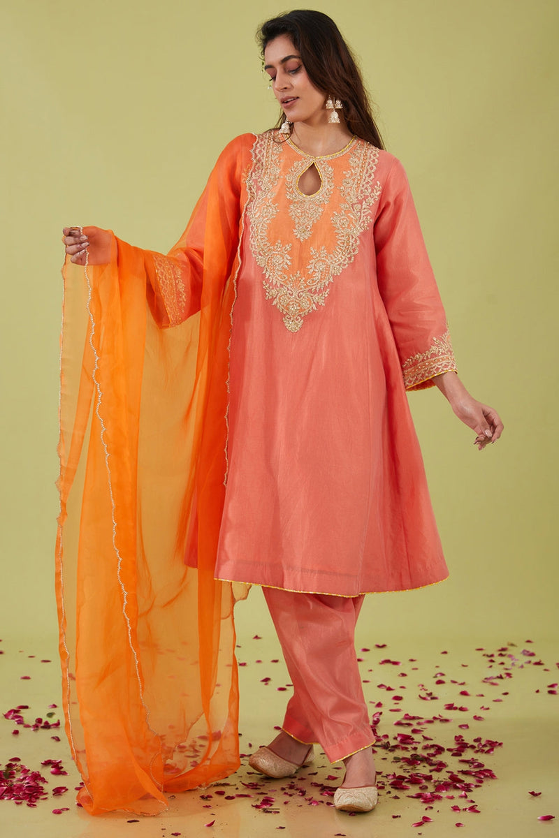 Rust Pink Short Kalidar Kurta With Salwar And Orange Dupatta