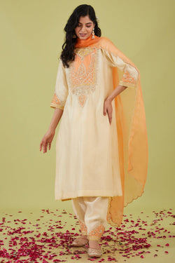 White Long Kurta With Salwar And Peach Dupatta