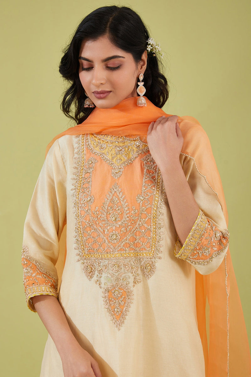 White Long Kurta With Salwar And Peach Dupatta