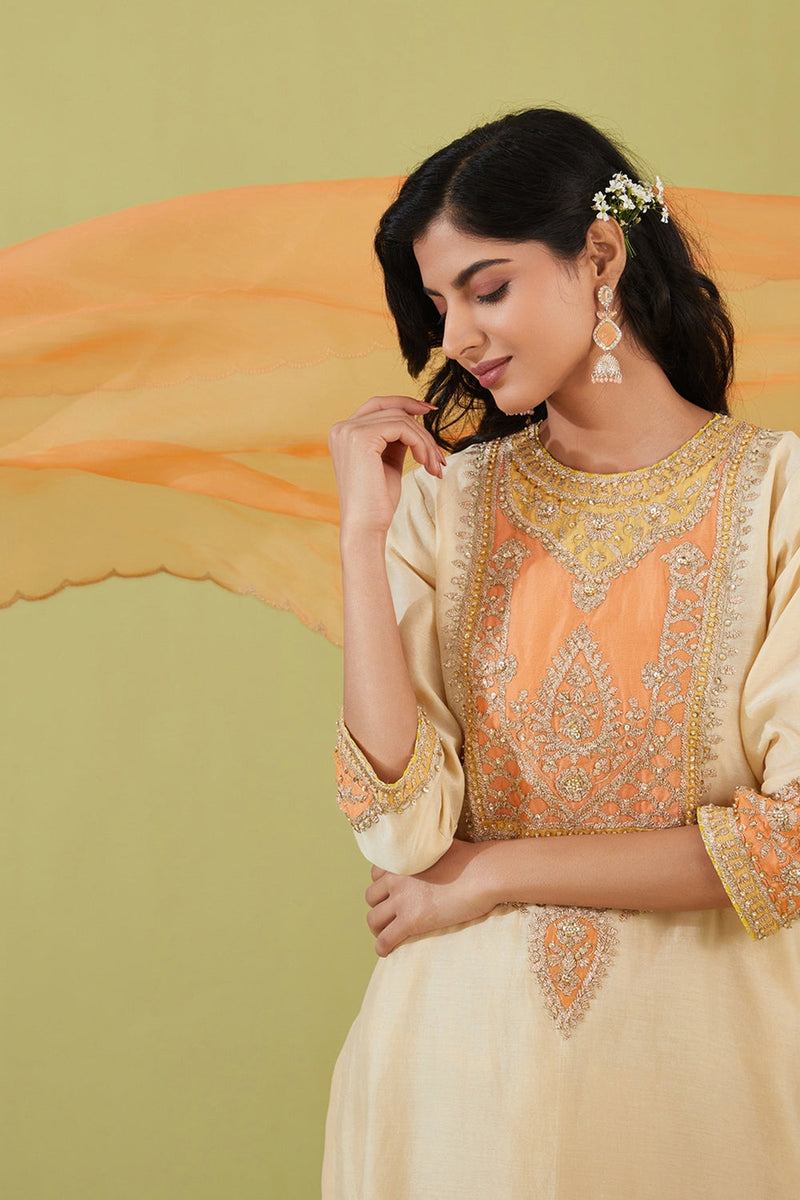 White Long Kurta With Salwar And Peach Dupatta