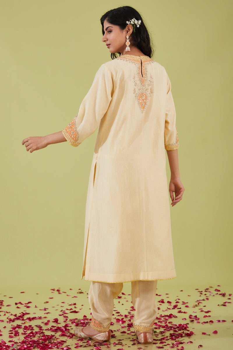 White Long Kurta With Salwar And Peach Dupatta